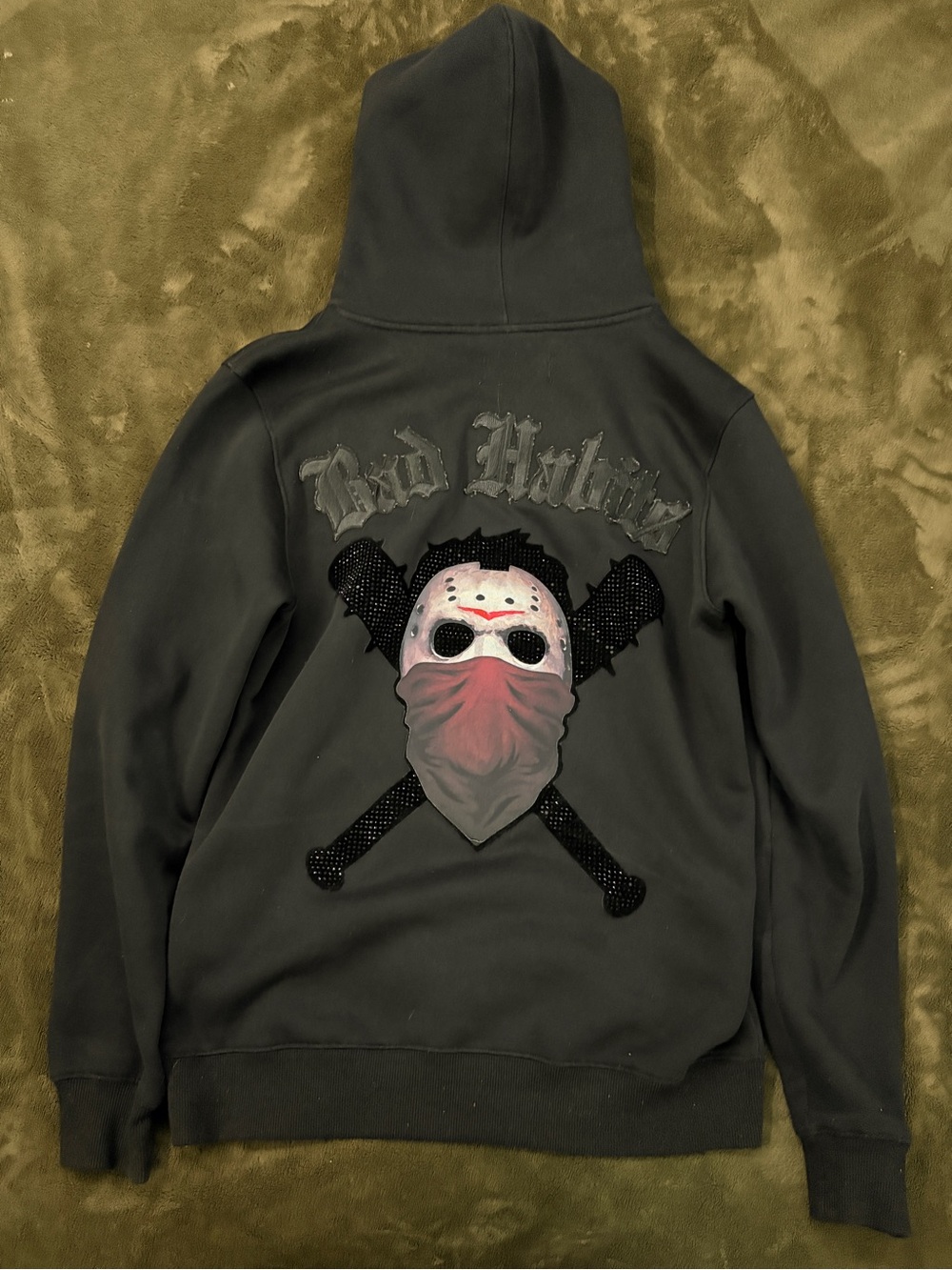 Bad Habit Black Hoodie with Bandana Masked Skull Back Graphic